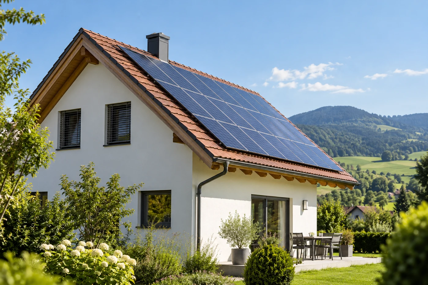 Seitliche Ansicht einer Photovoltaikanlage auf einem geneigten Hausdach