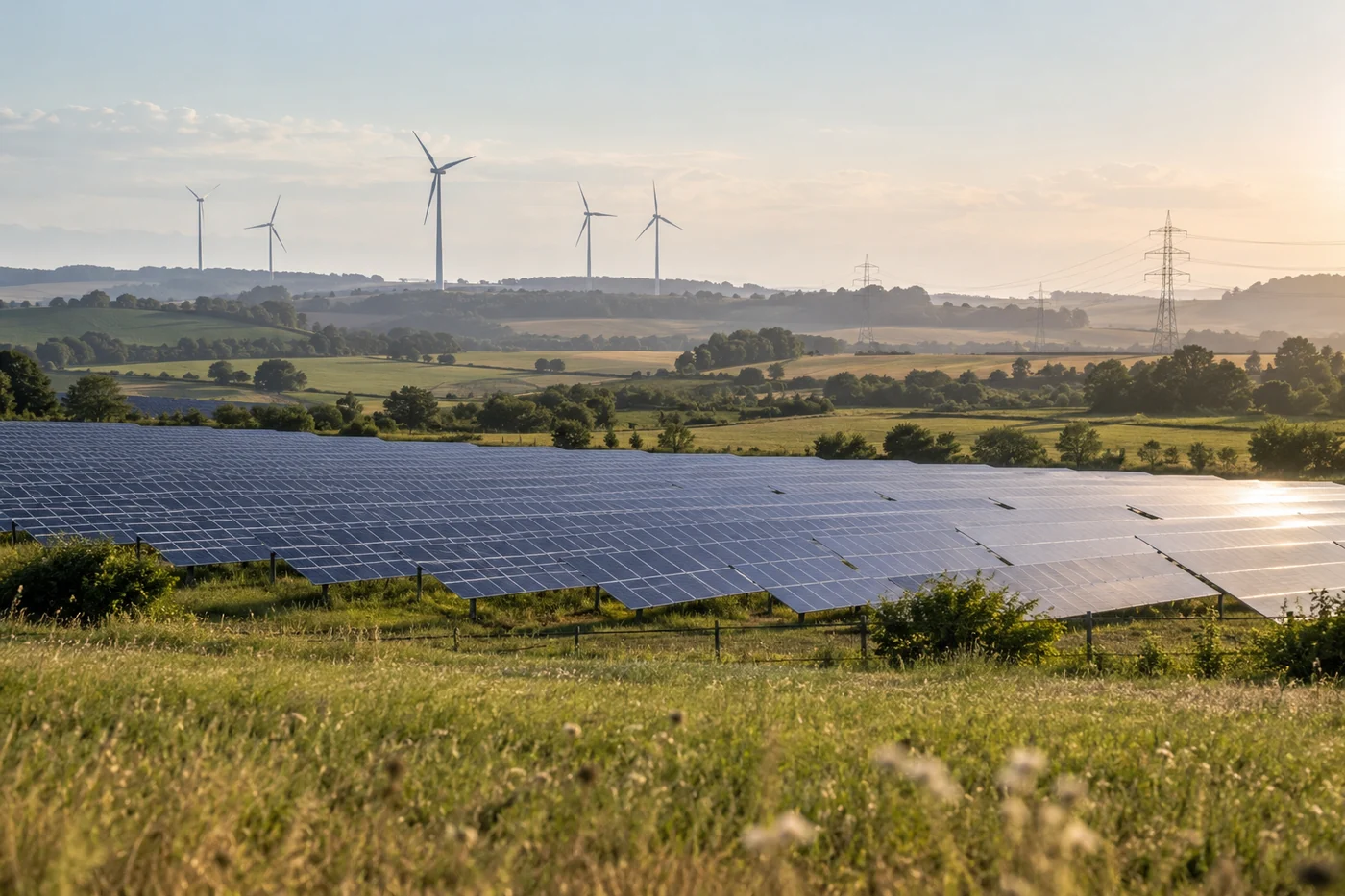 Solarpark und Windräder in einer deutschen Landschaft
