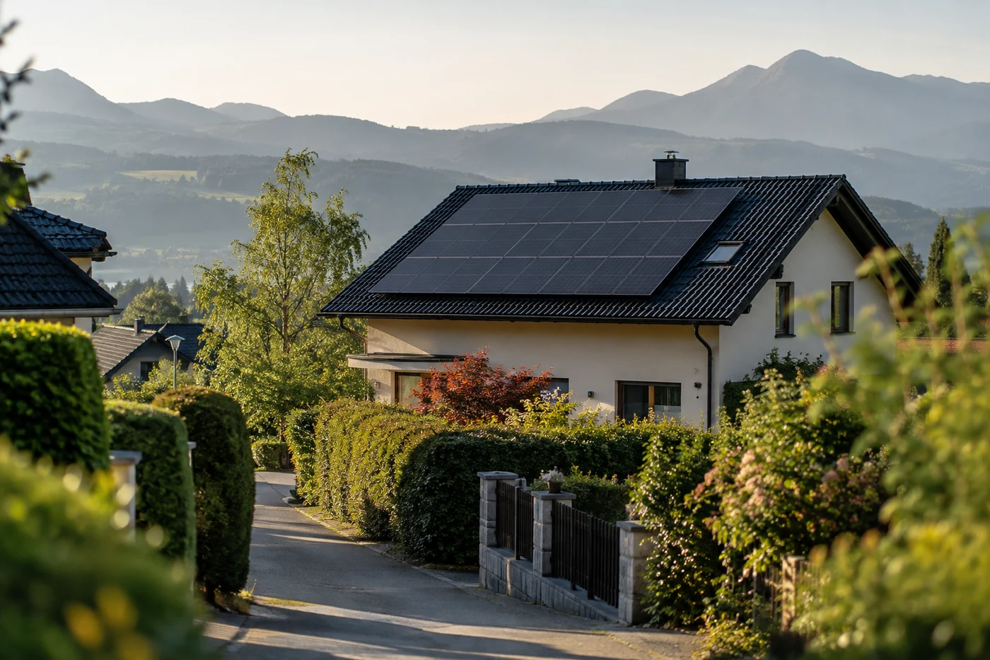Photovoltaikdach eines Hauses an einer begrünten Wohnstraße