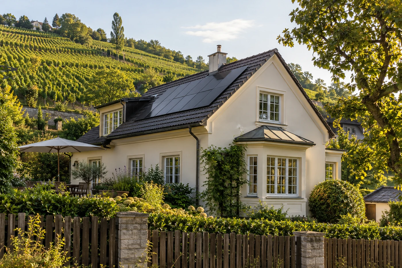 Wohnhaus mit Solardach vor Weinbergen