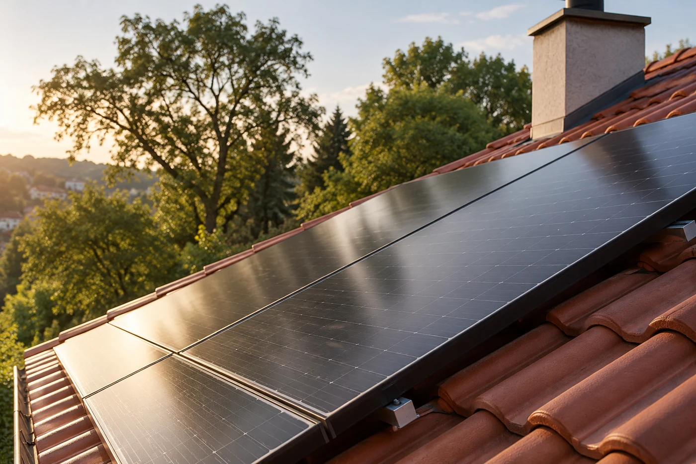 Schwarze Solarmodule und Dachziegel in einer Nahaufnahme