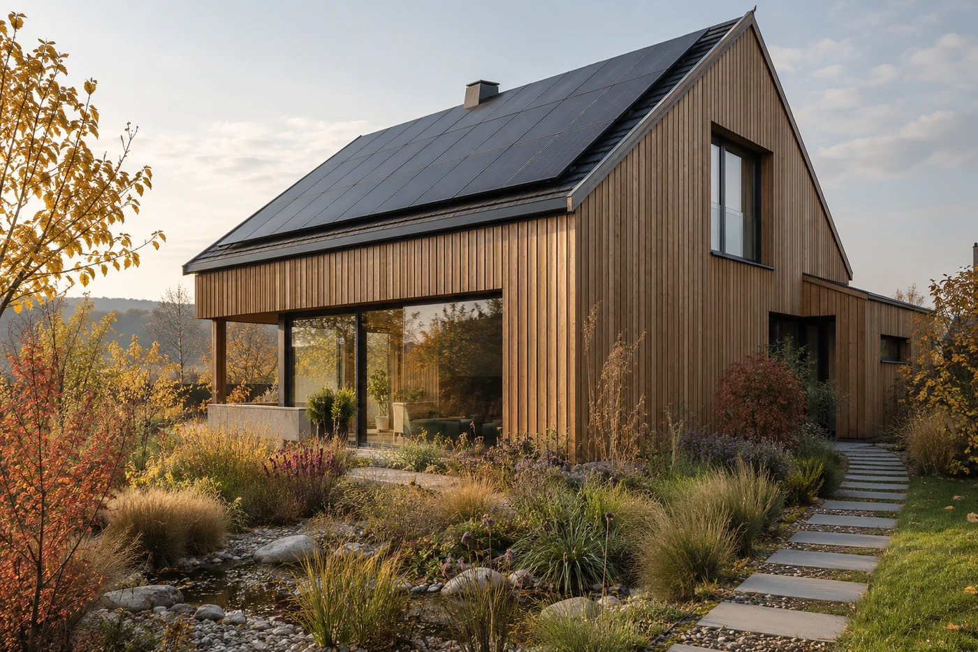 Solarmodule auf einem Haus mit Holzfassade und einem ruhigen Gartenweg.