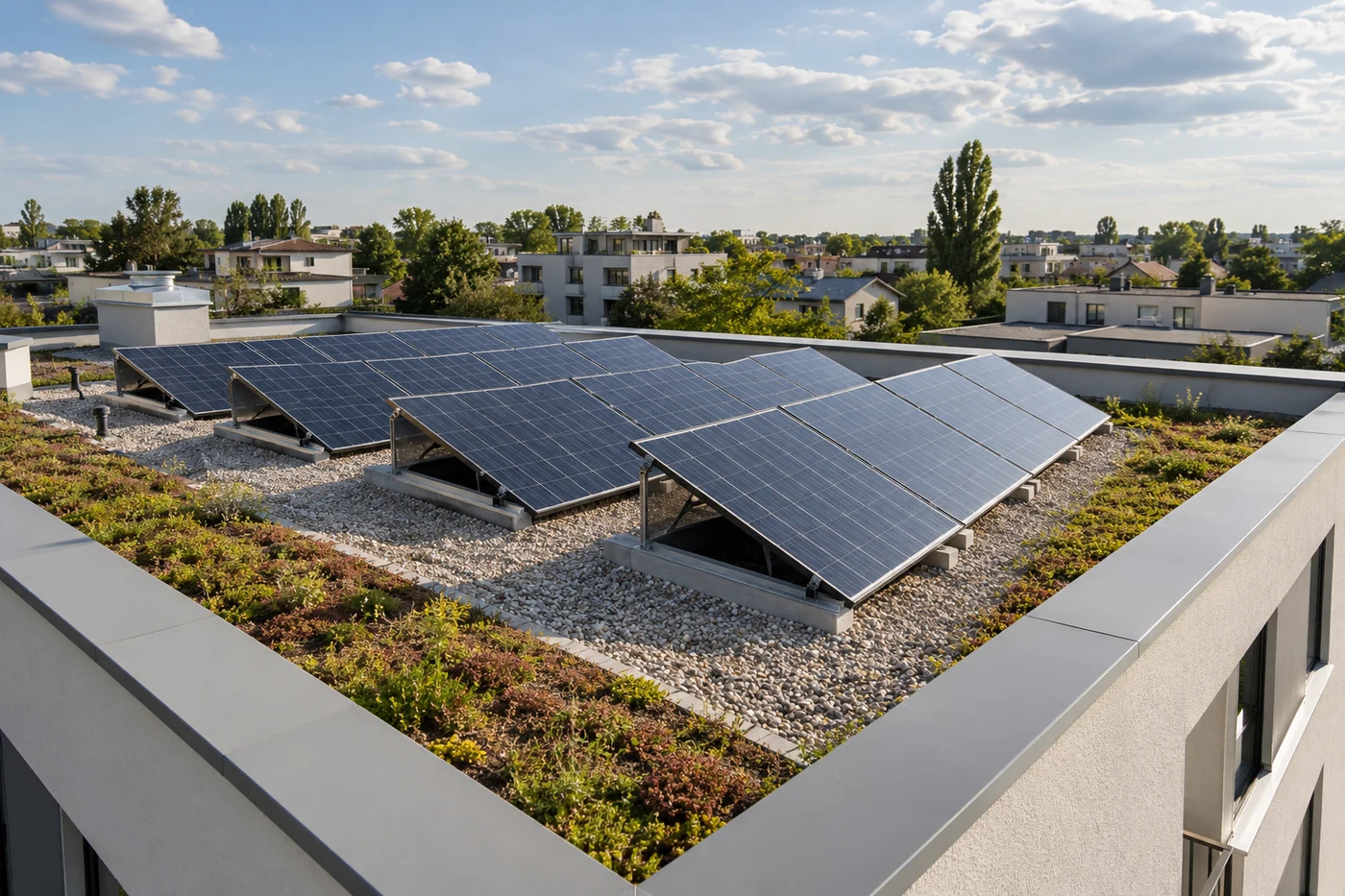 Solarmodule auf einem Flachdach mit begrünten Randflächen