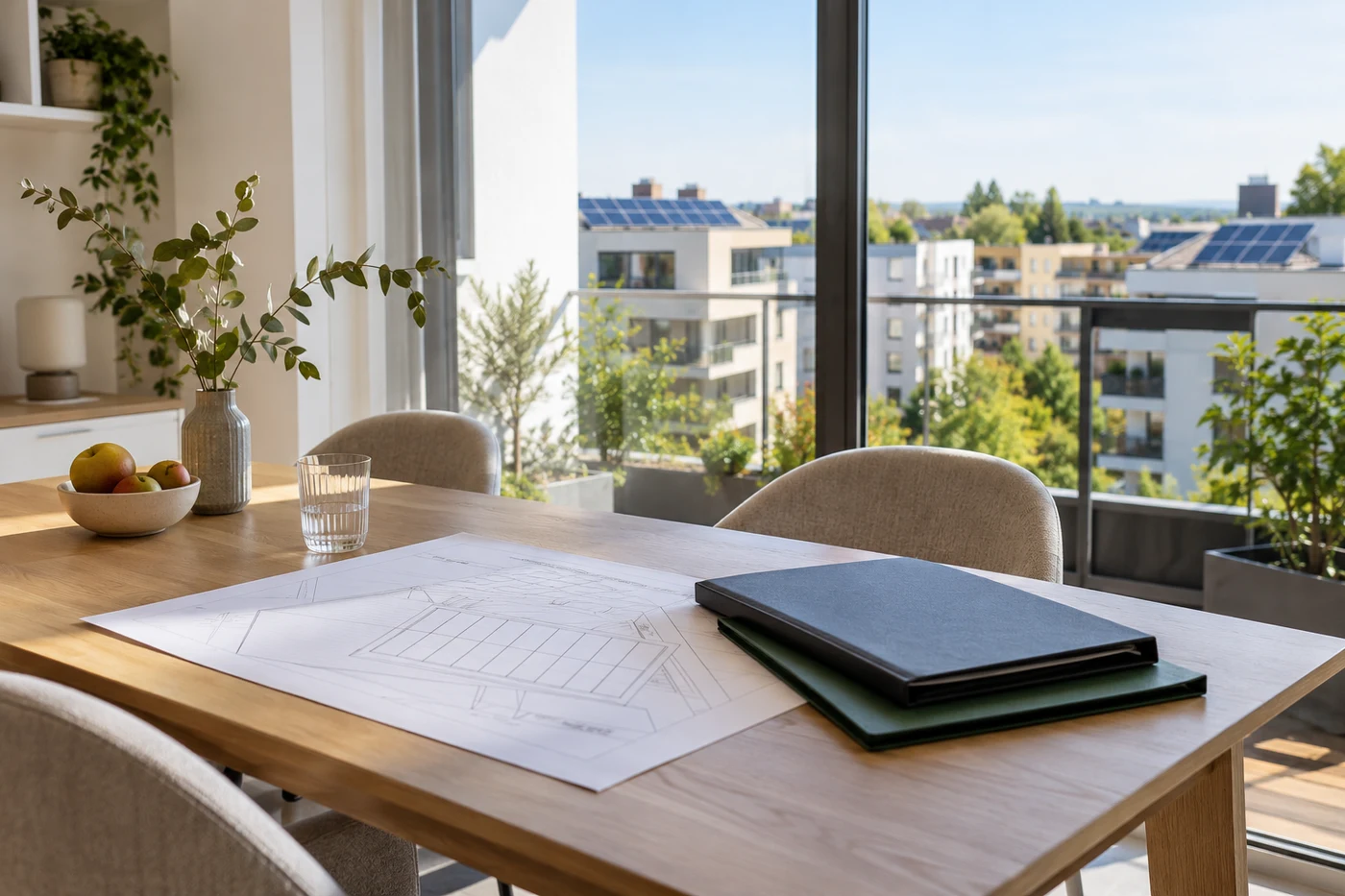 Dachplan und Projektmappen vor einem Stadtfenster
