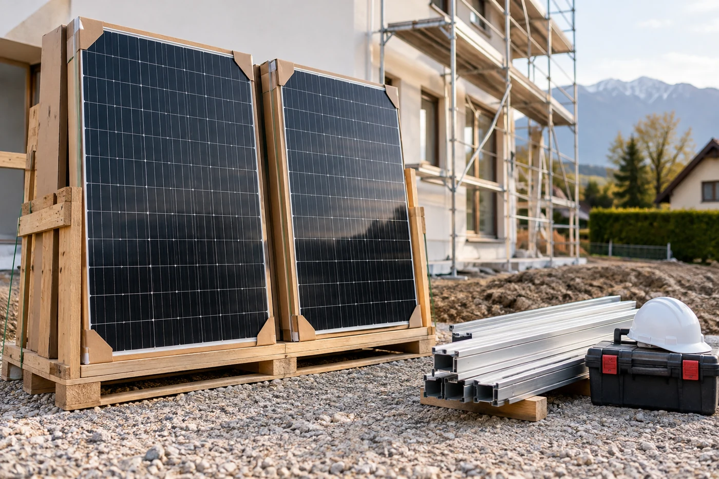 Solarmodule, Montageschienen und Werkzeug im vorbereiteten Arbeitsbereich