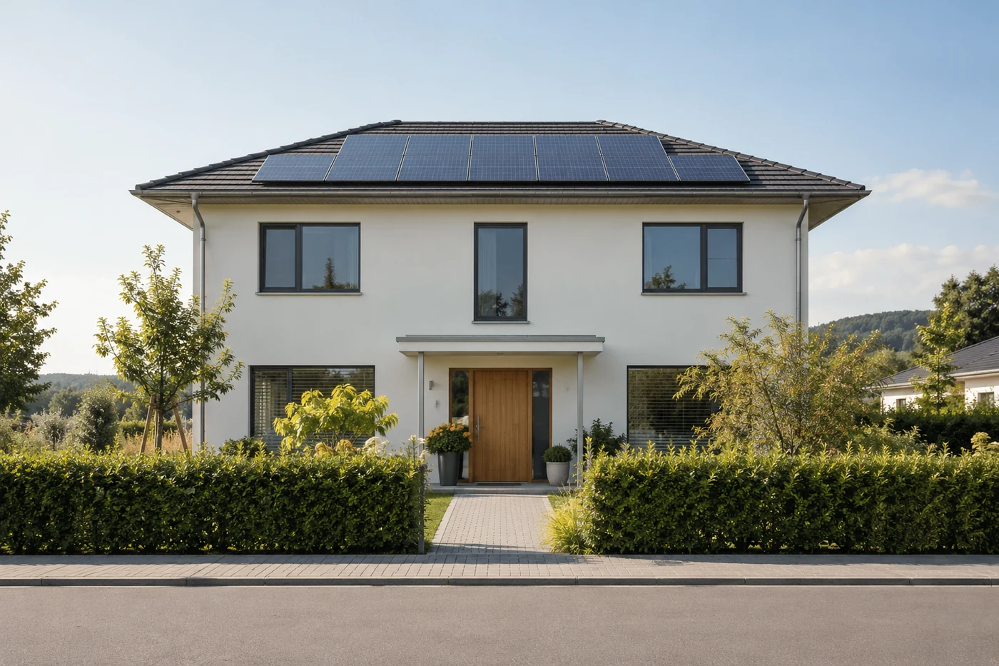 Ein schlichtes Wohnhaus mit Solarmodulen an einer breiten begrünten Straße.