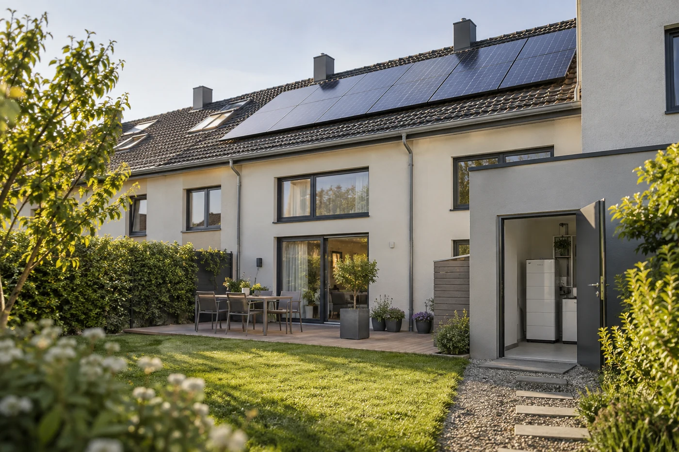 Reihenhaus mit Solarmodulen und einem sichtbaren Stromspeicher im Hauswirtschaftsraum