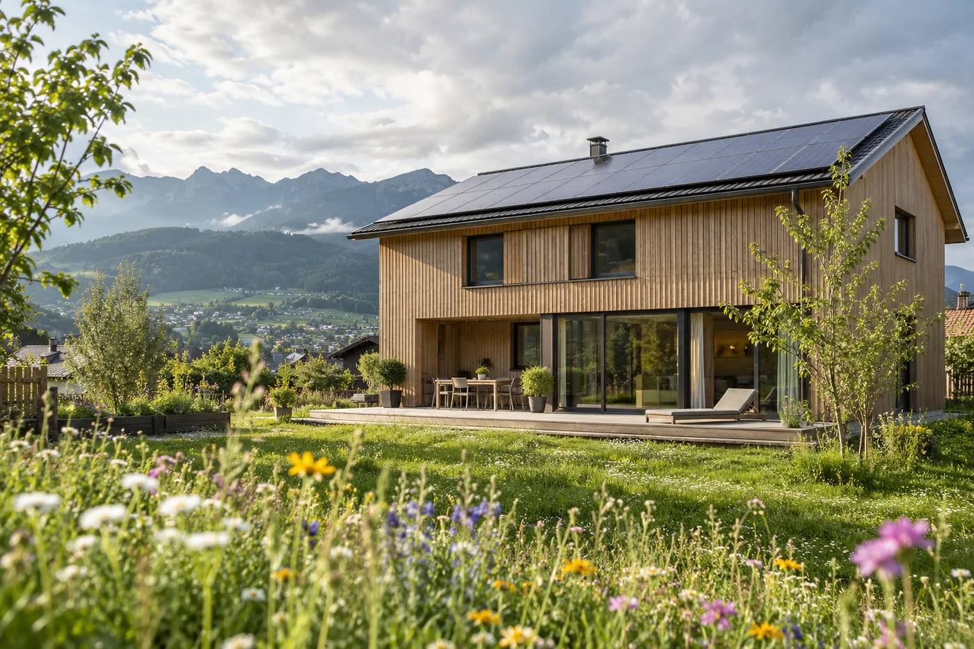Holzhaus mit Photovoltaik und Blumenwiese