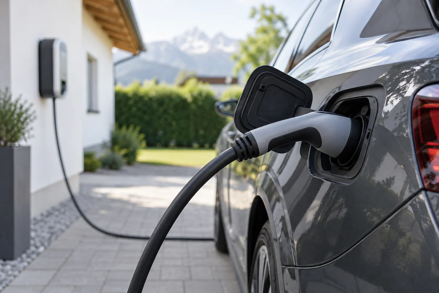 Ladestecker einer Wallbox am Anschluss eines Elektroautos
