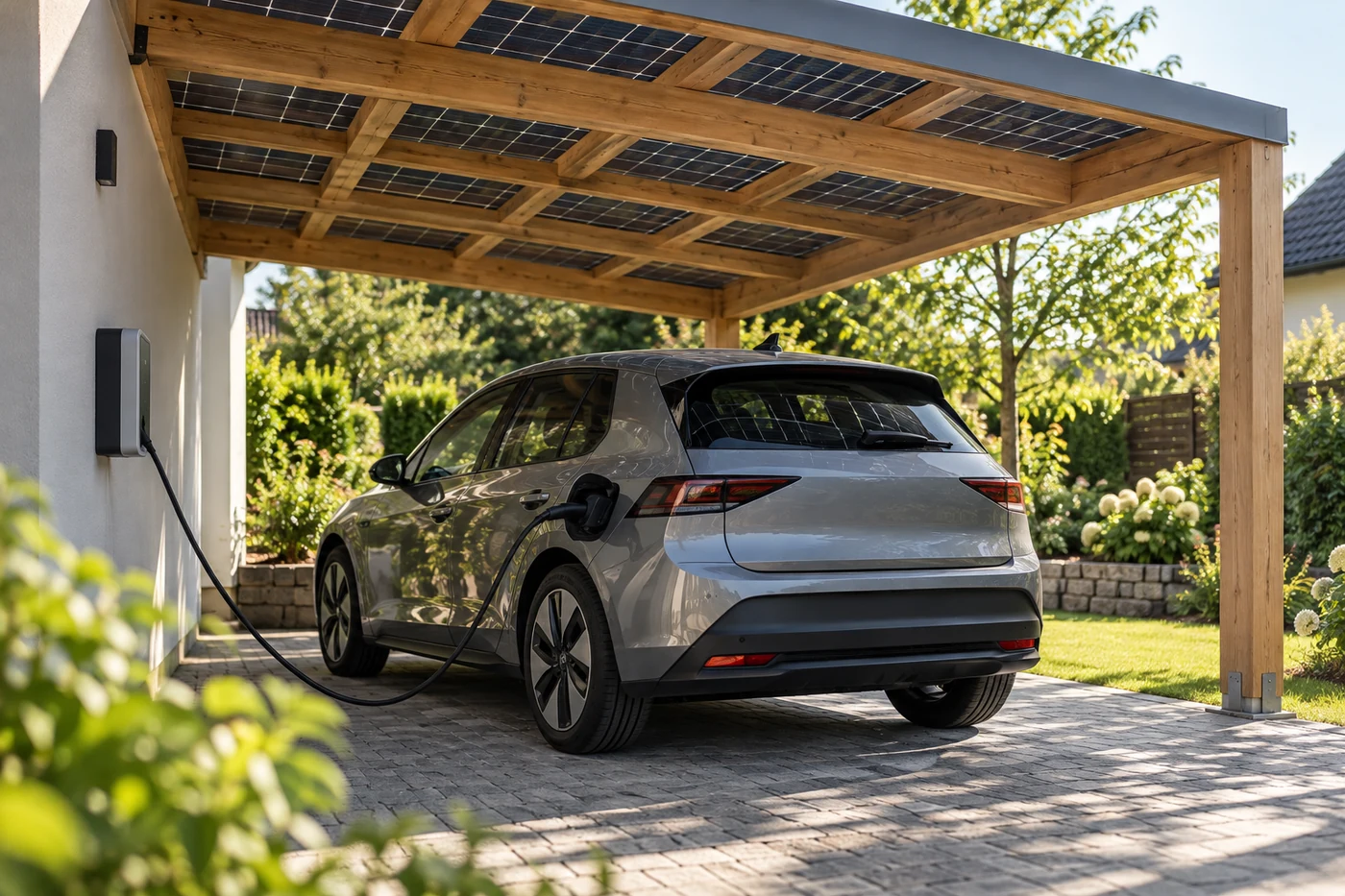 Elektroauto an einer Wallbox unter einem Solardach