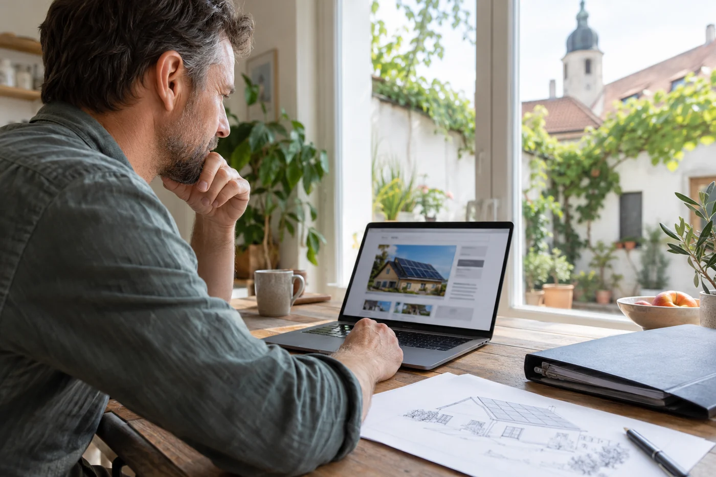 Laptop und Unterlagen zur Anlagenplanung auf einem Schreibtisch