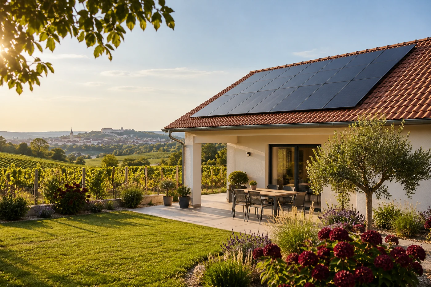 Bungalow mit Photovoltaik neben einem Weinberg