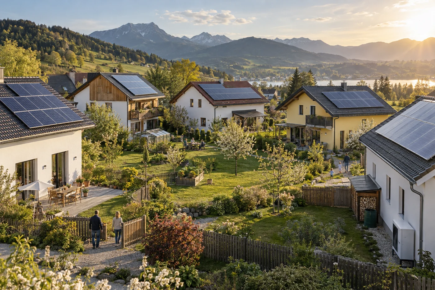 Nachbarschaft mit Photovoltaikdächern in einer österreichischen Siedlung
