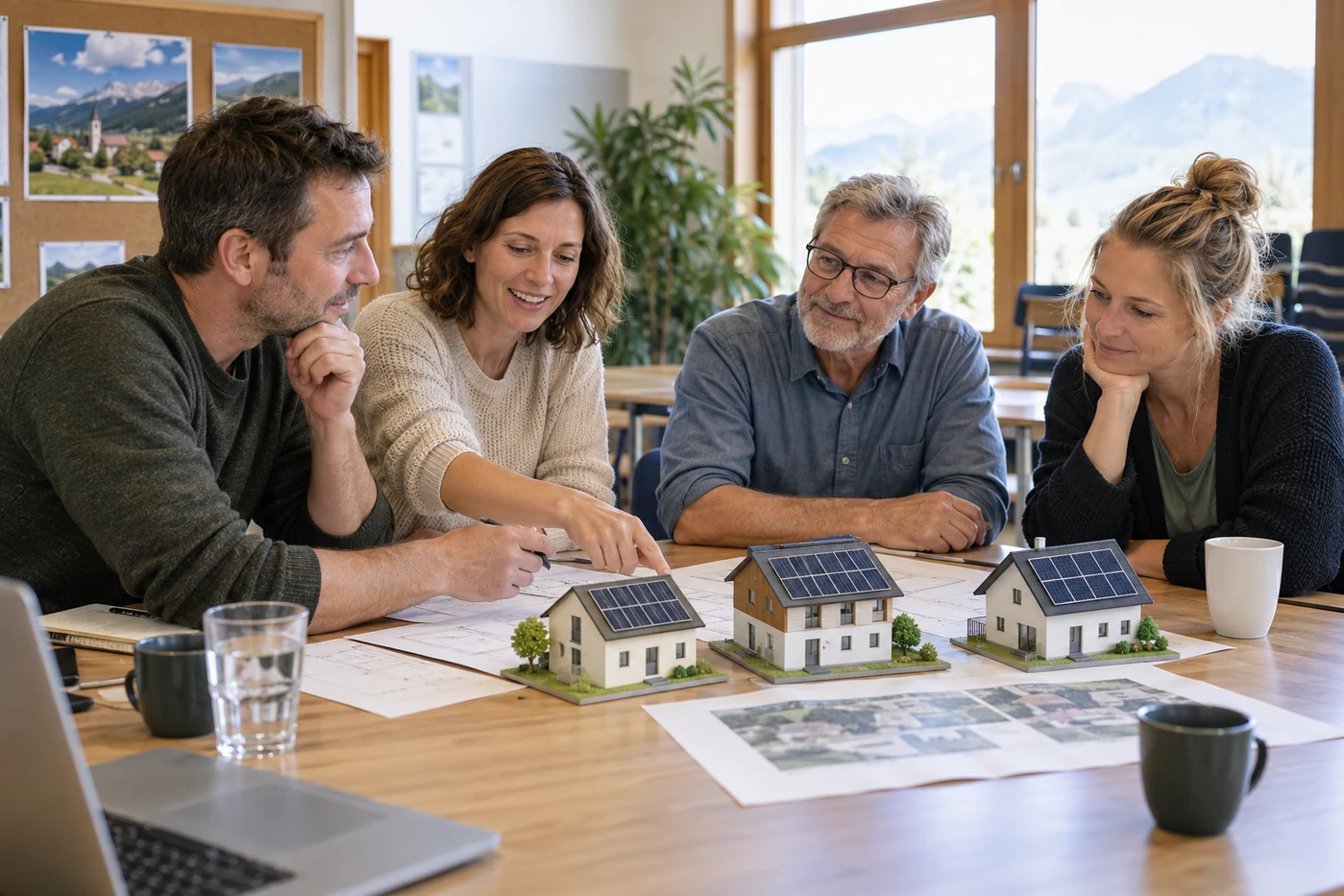 Eine Gruppe bespricht ein gemeinsames Energieprojekt anhand von Hausmodellen