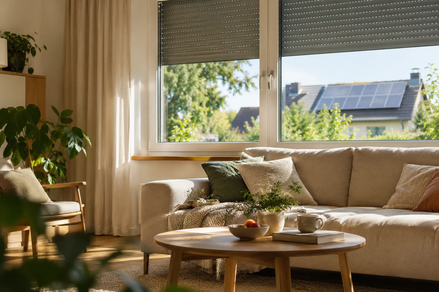 Wohnzimmer mit Außenbeschattung und Blick auf ein Solardach
