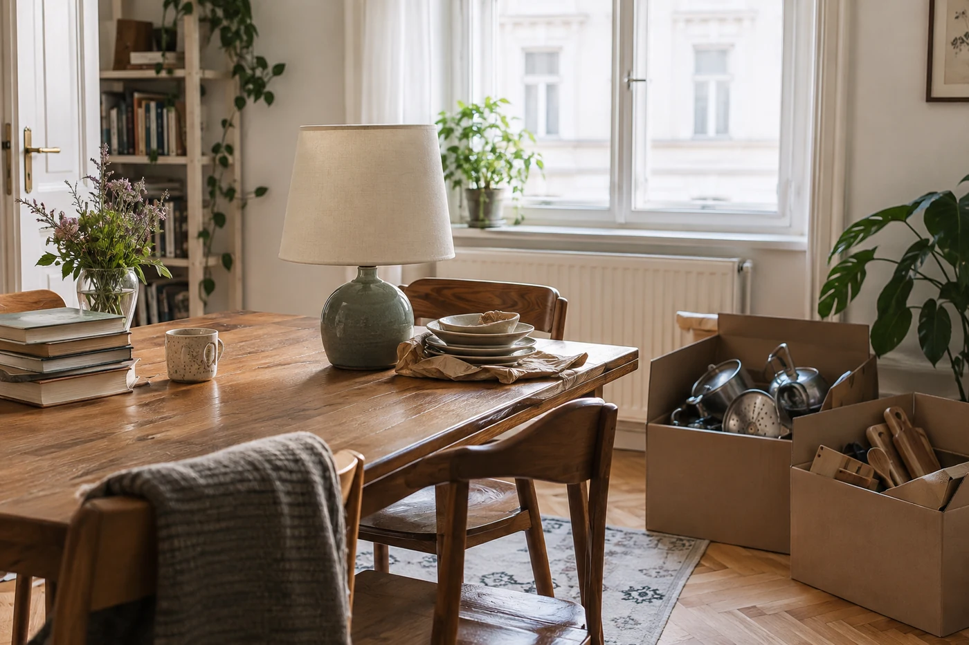 Sortierte Haushaltsgegenstände und Kartons in einem Zimmer