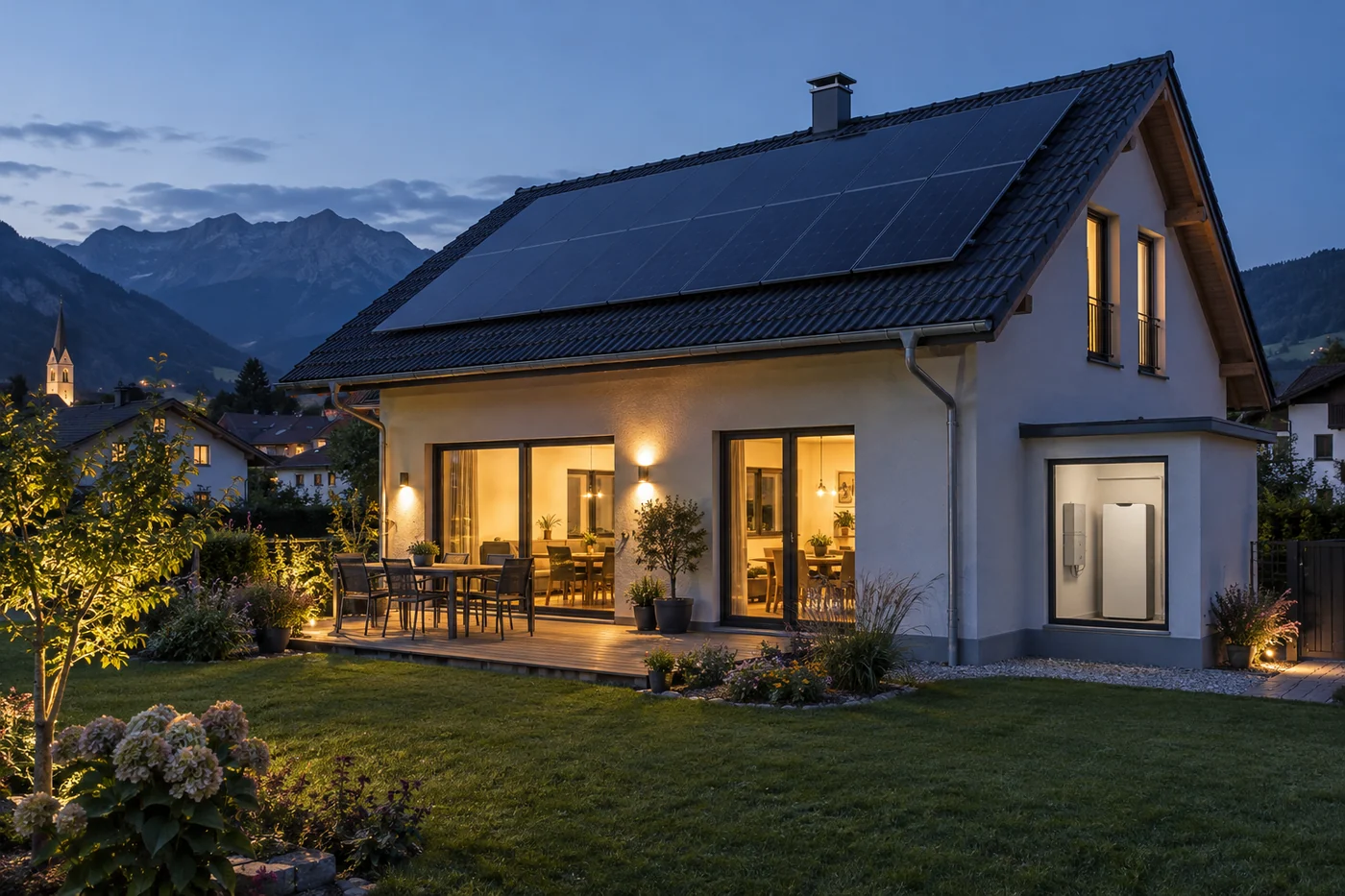 Beleuchtetes Haus mit Solardach am Abend als Symbol für Ersatzstrom
