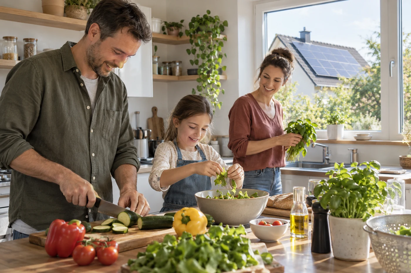 Familie in einer Küche mit Blick auf ein Solardach