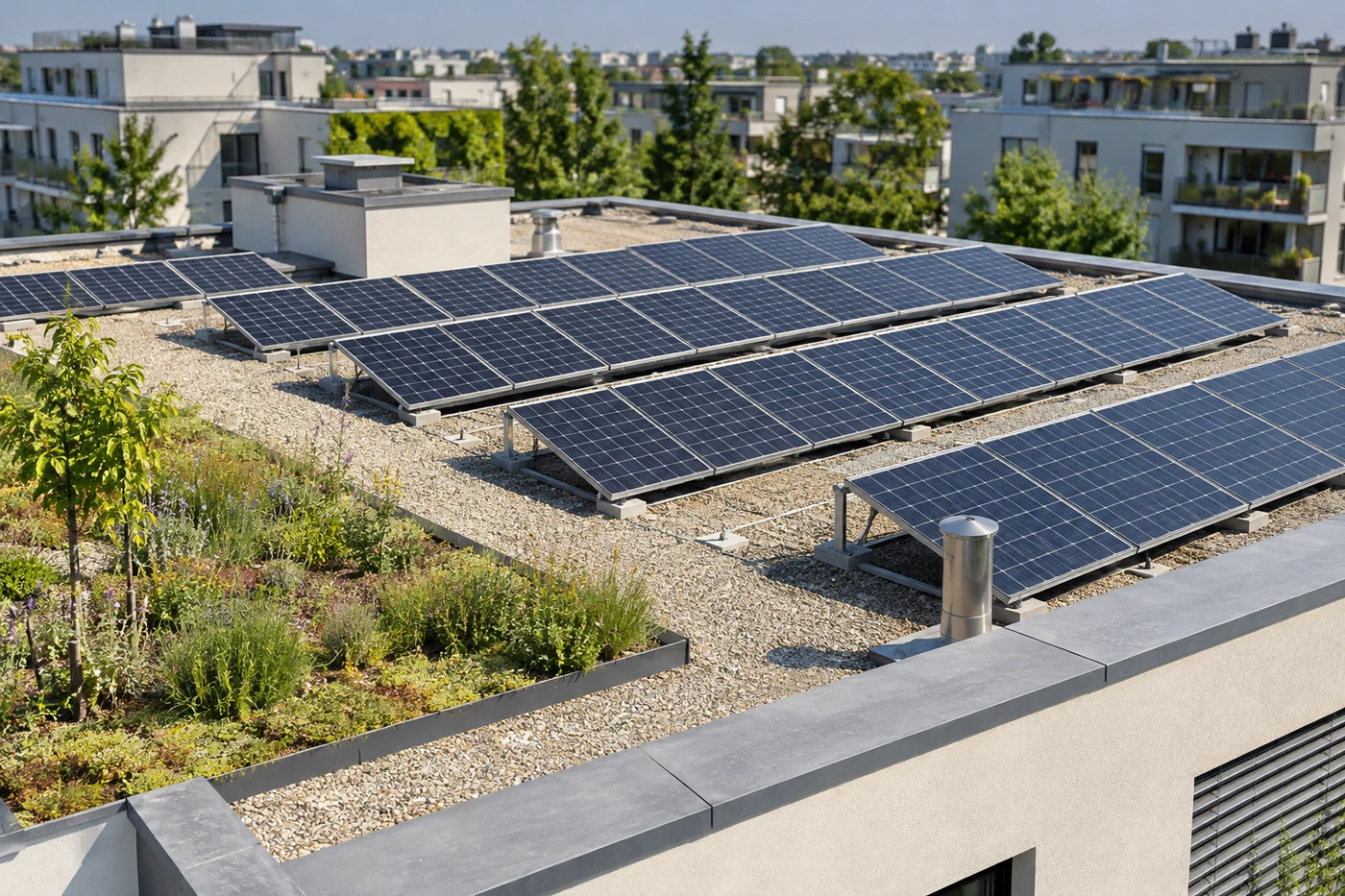 Solarmodule auf einem Flachdach mit Pflanzflächen