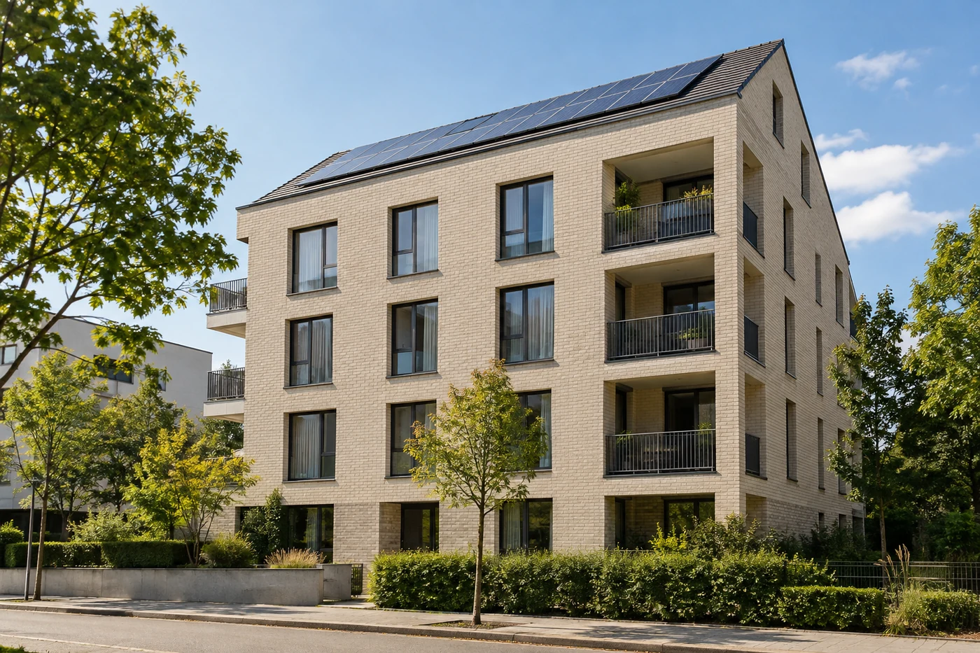 Solarmodule auf einem Mehrfamilienhaus über einem ruhigen Gehweg.