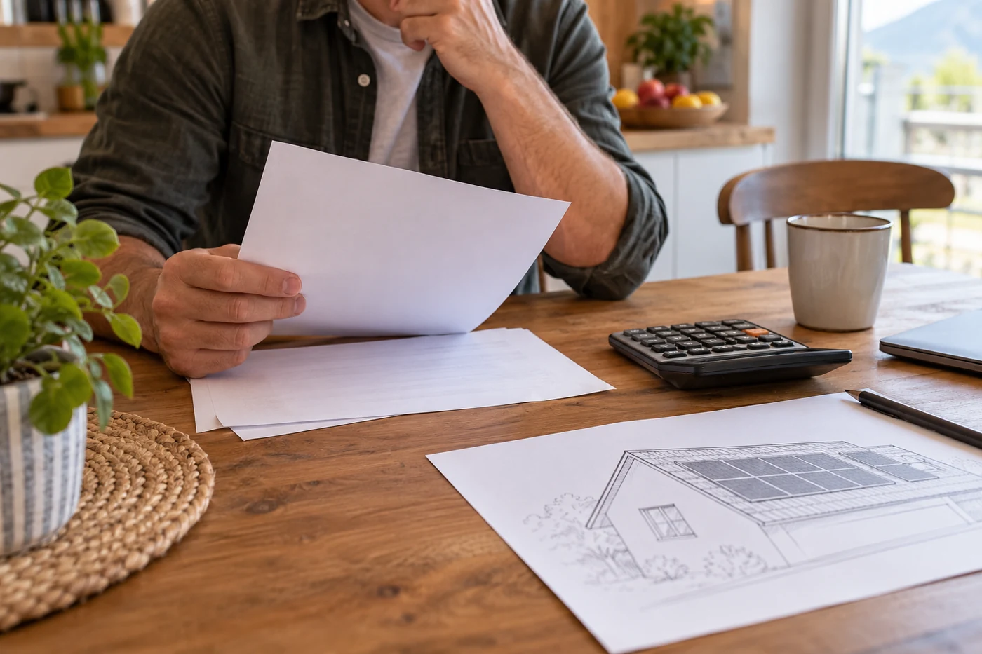 Person prüft Unterlagen und Taschenrechner an einem Küchentisch
