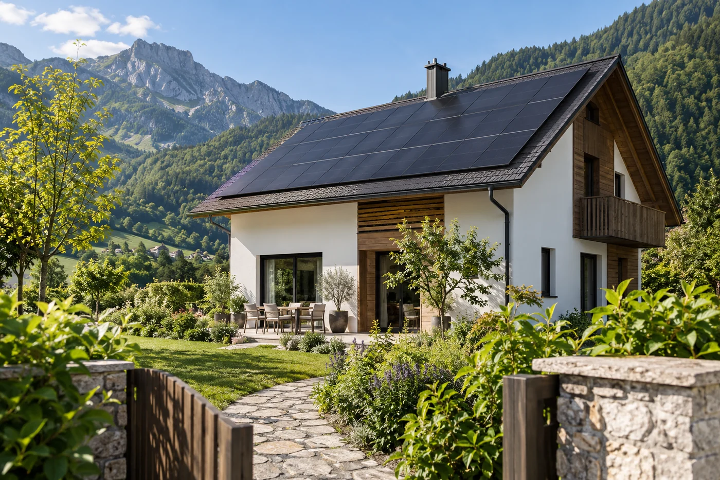Wohnhaus mit Solardach vor bewaldeten Berghängen