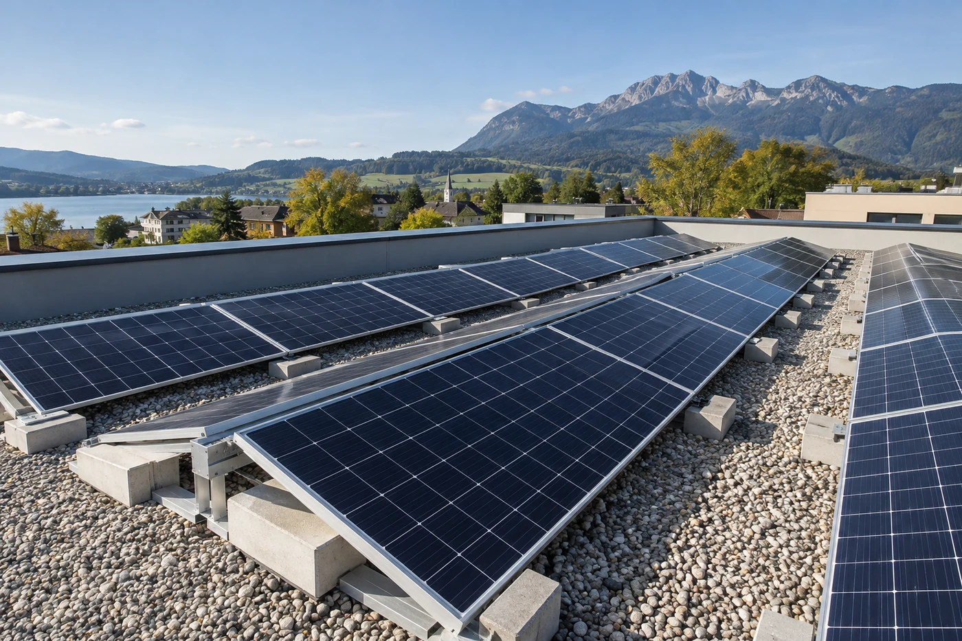 Aufgeständerte Solarmodule auf einem Flachdach