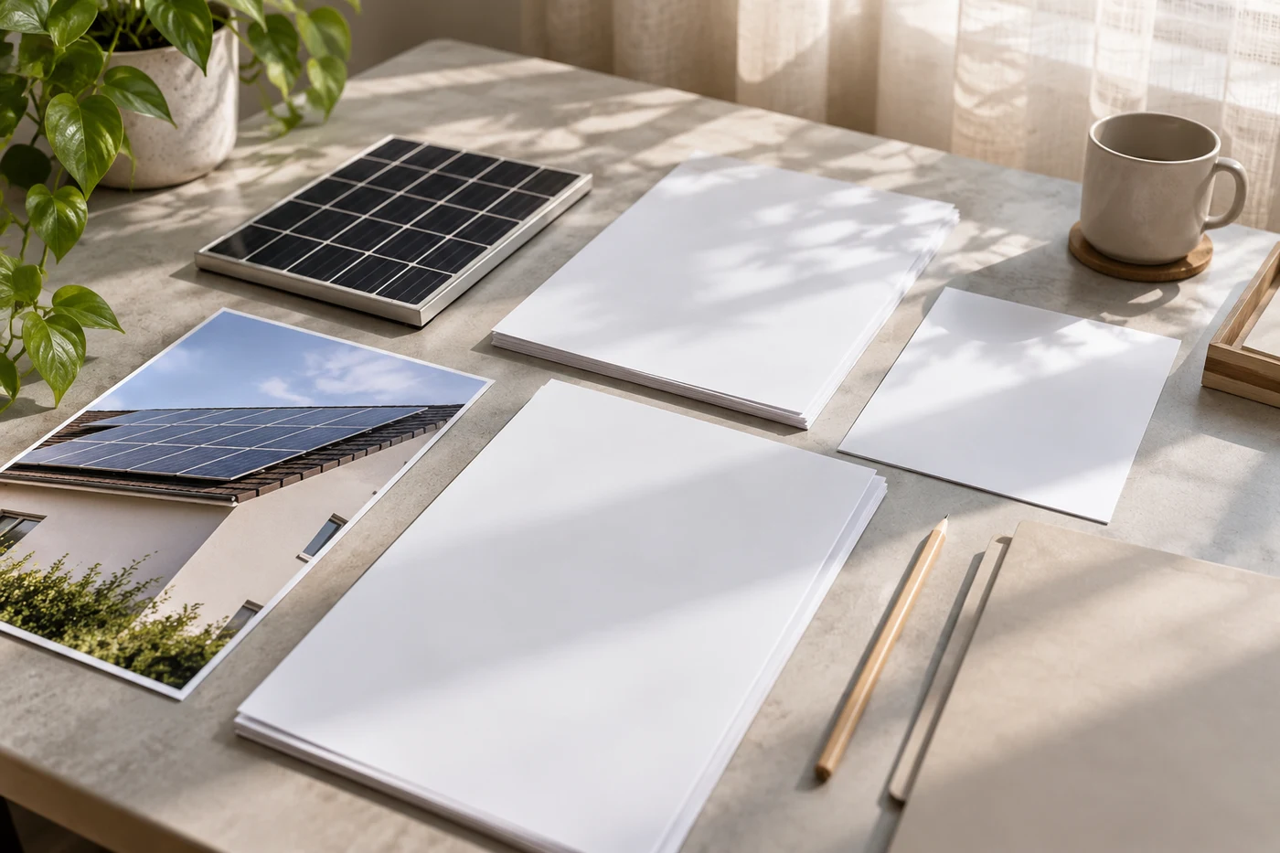 Geordnete Projektunterlagen und Solarmodulmuster auf einem Schreibtisch