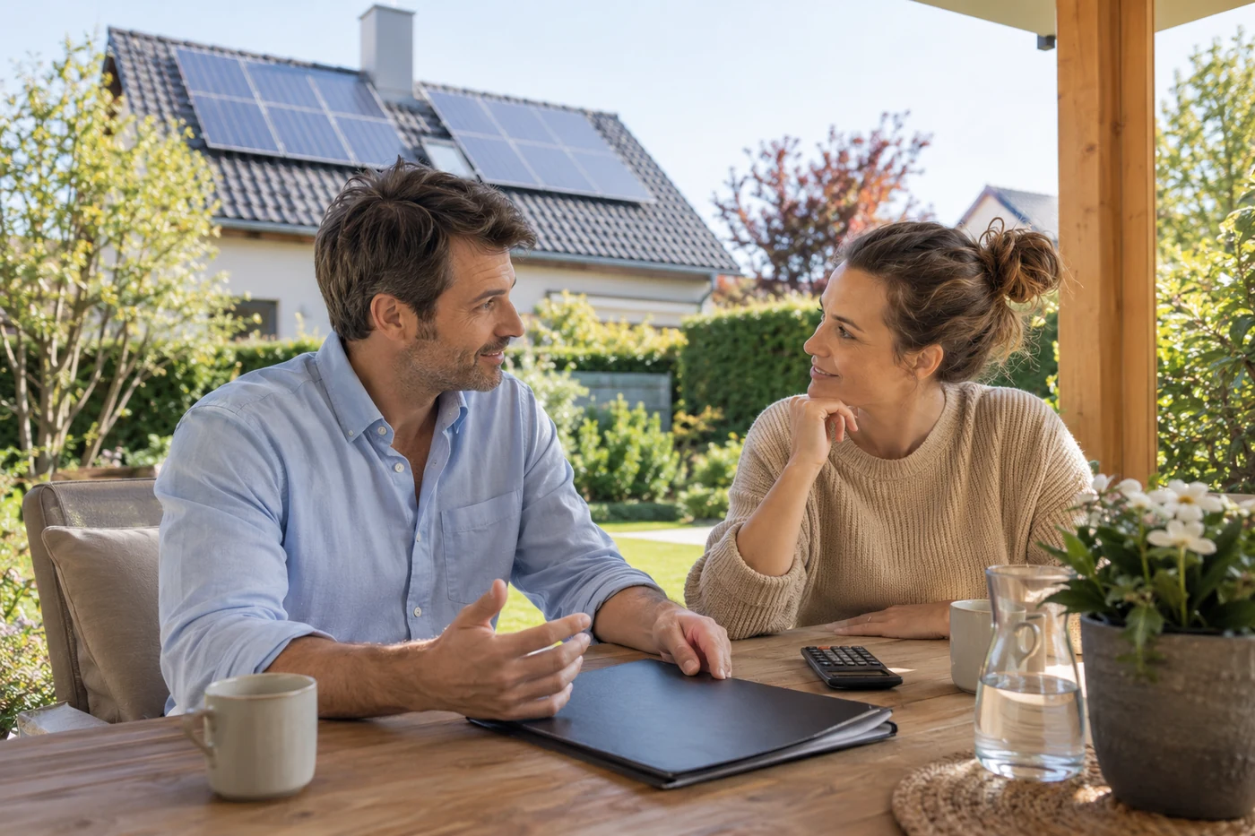 Zwei Erwachsene besprechen ein Solarprojekt auf einer Veranda