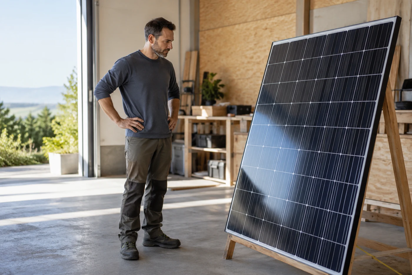 Ein Mann betrachtet ein aufgestelltes Solarmodul in einer Werkstatt.