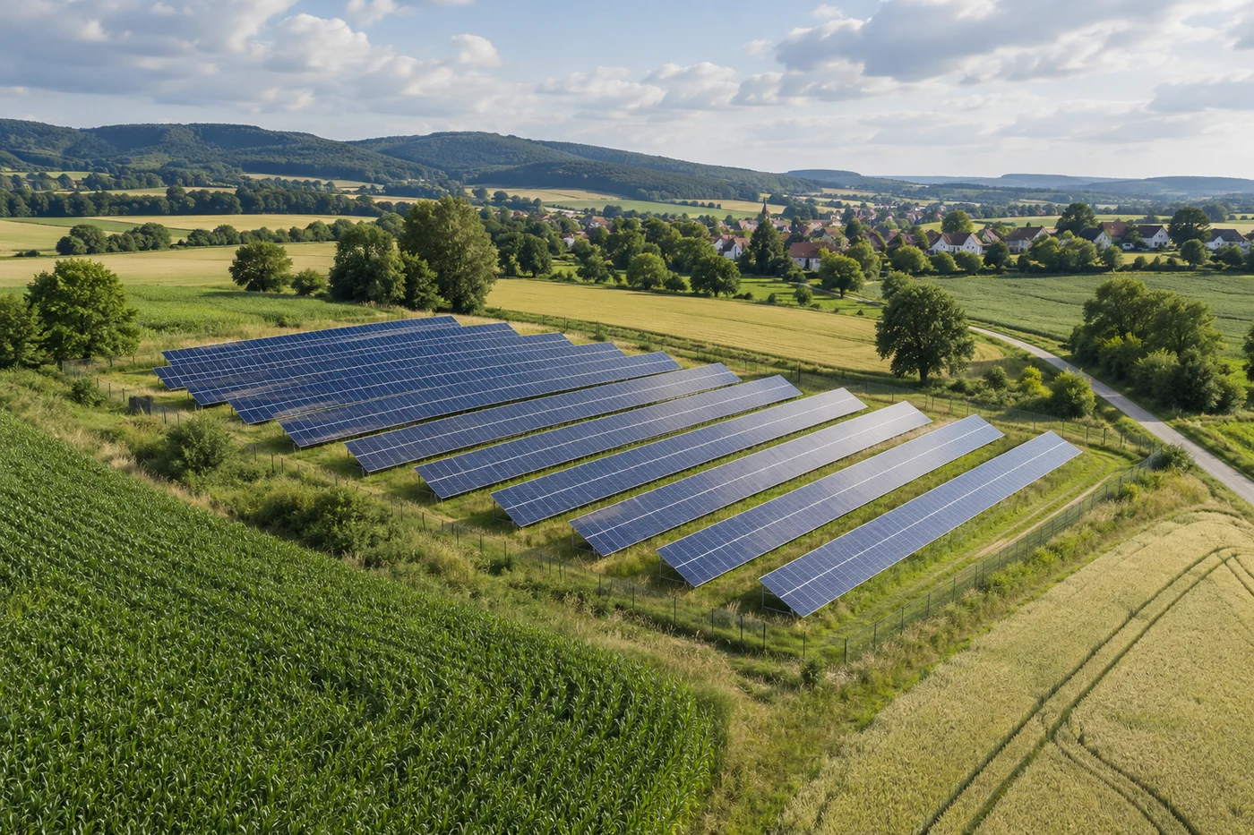 Solarmodulreihen neben Feldern und einem ländlichen Weg