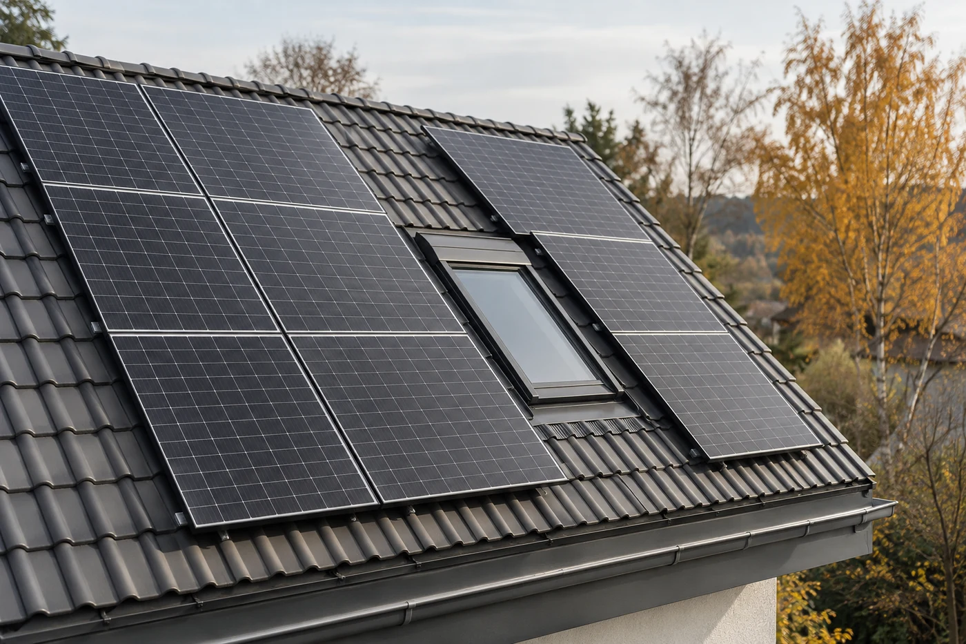 Solarmodule auf einem Ziegeldach mit sichtbarem Dachfenster