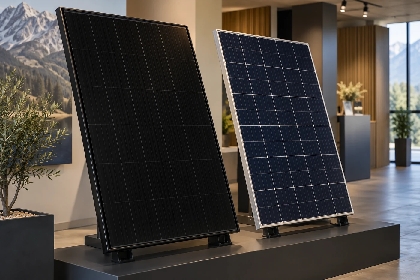 Schwarzes und silbern gerahmtes Solarmodul nebeneinander