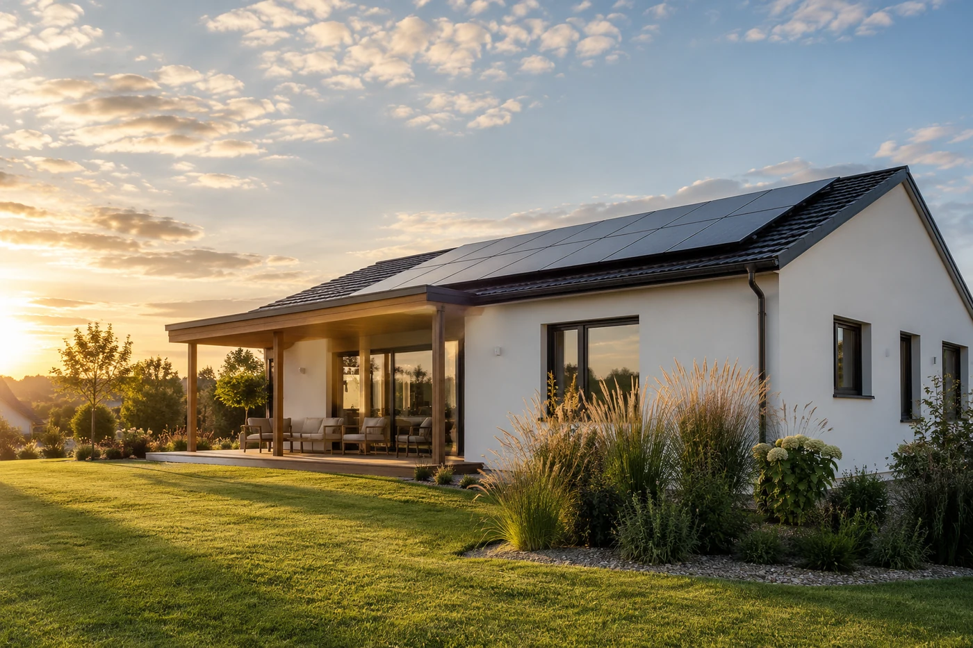 Bungalow mit Solarmodulen und hohen Gräsern im Garten