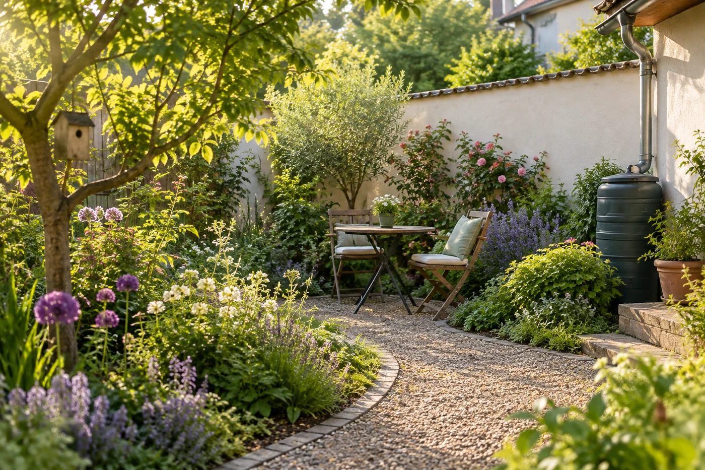 Staudenbeete und Kiesweg in einem kleinen Garten