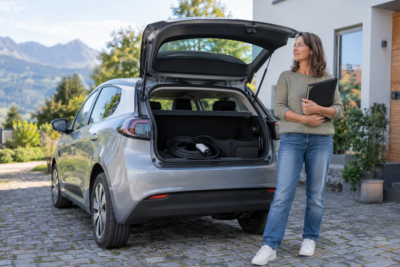 Besitzerin bereitet Unterlagen und Ladekabel eines Elektroautos vor
