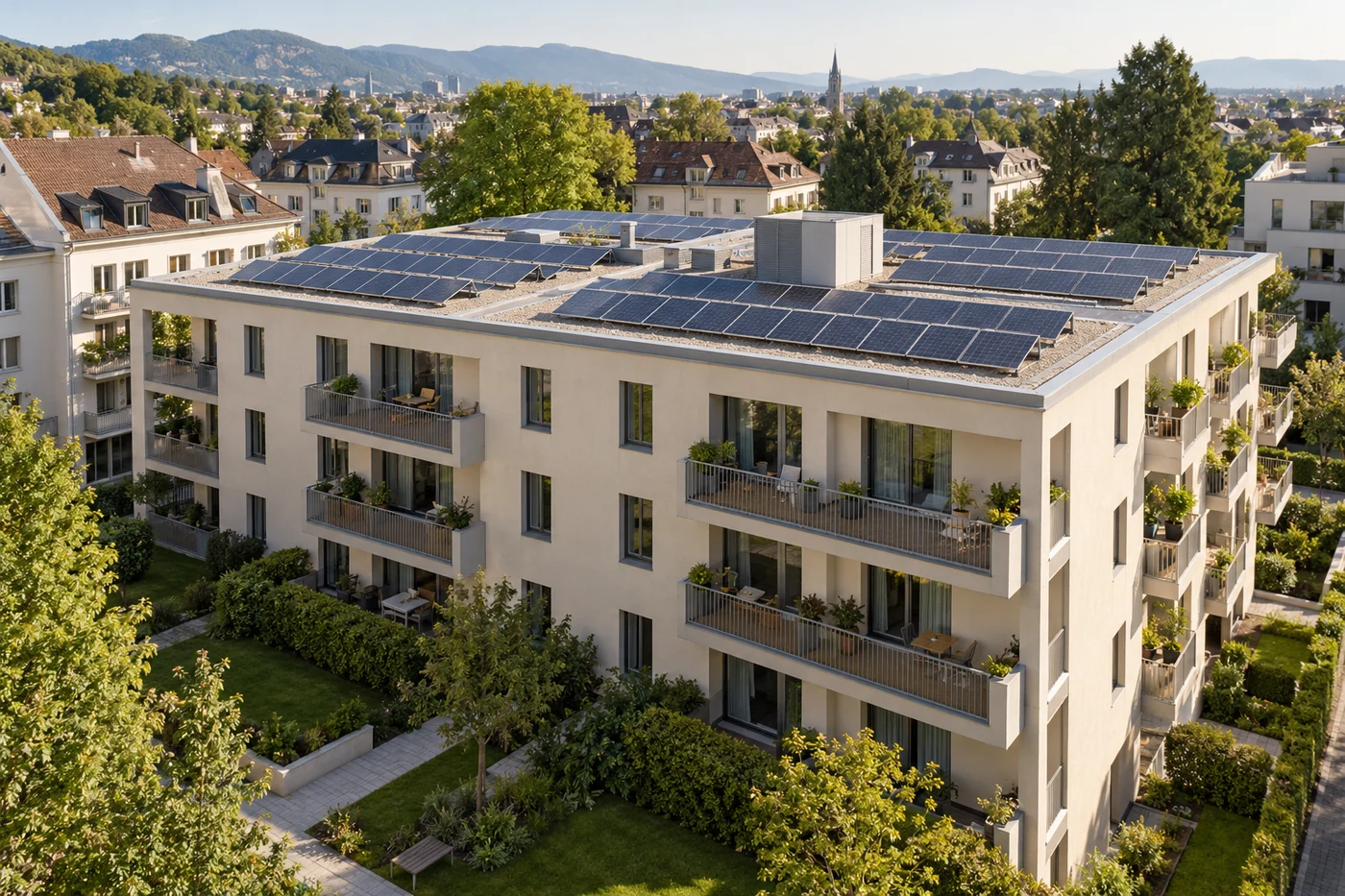 Photovoltaikmodule auf dem Flachdach eines österreichischen Mehrparteienhauses mit Balkonen und grünen Innenhöfen