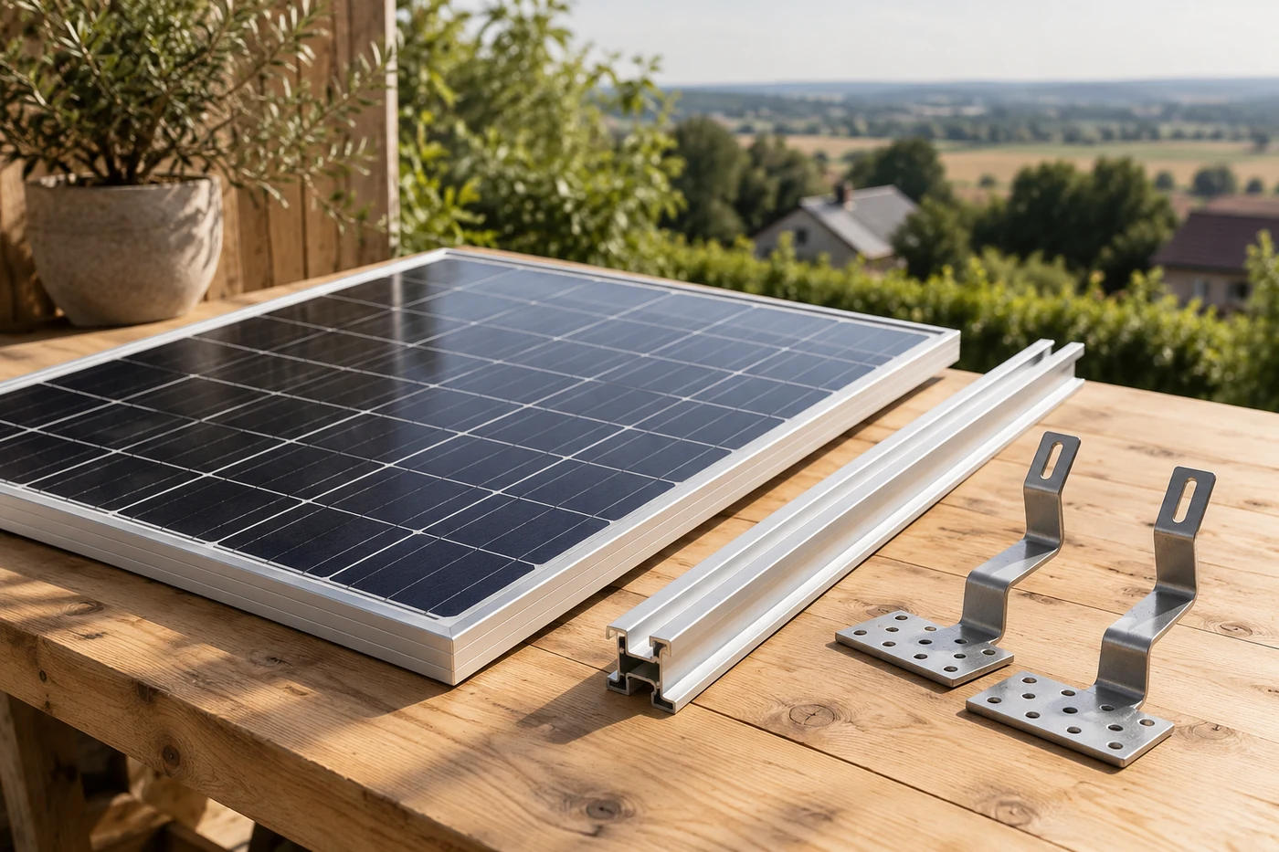 Solarmodul und Montageschiene auf einer Werkbank