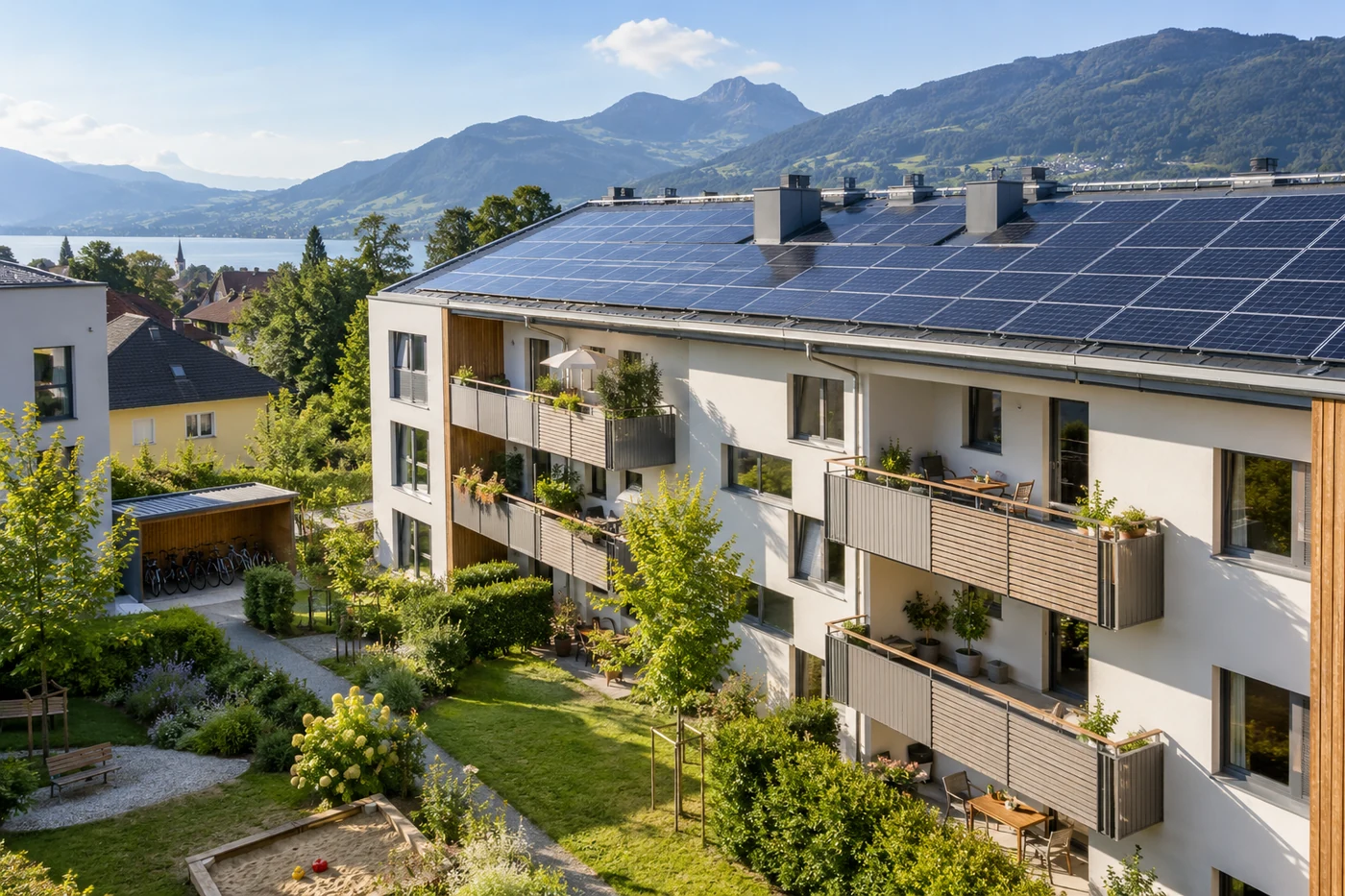Mehrfamilienhaus mit Solarmodulen über einem Innenhof