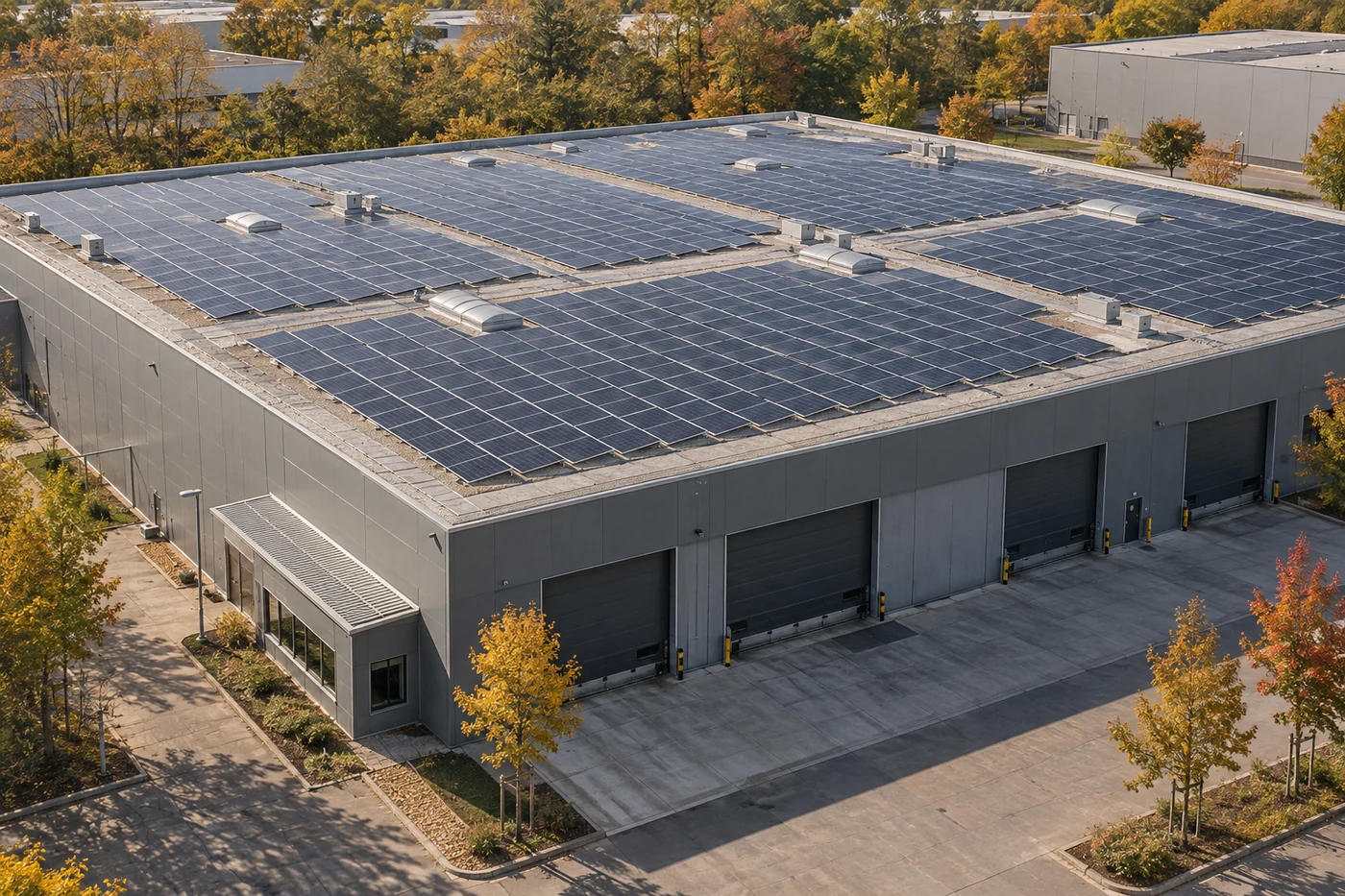 Solarmodule auf dem flachen Dach einer Lagerhalle mit geschlossenem Ladebereich.