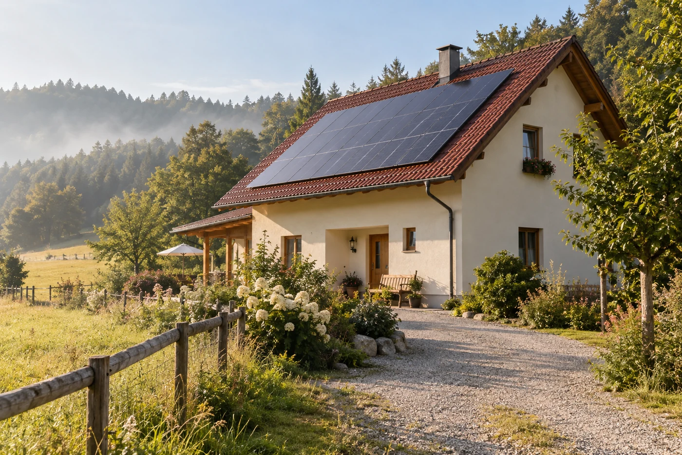 Haus mit Solarmodulen und Wiese am Waldrand