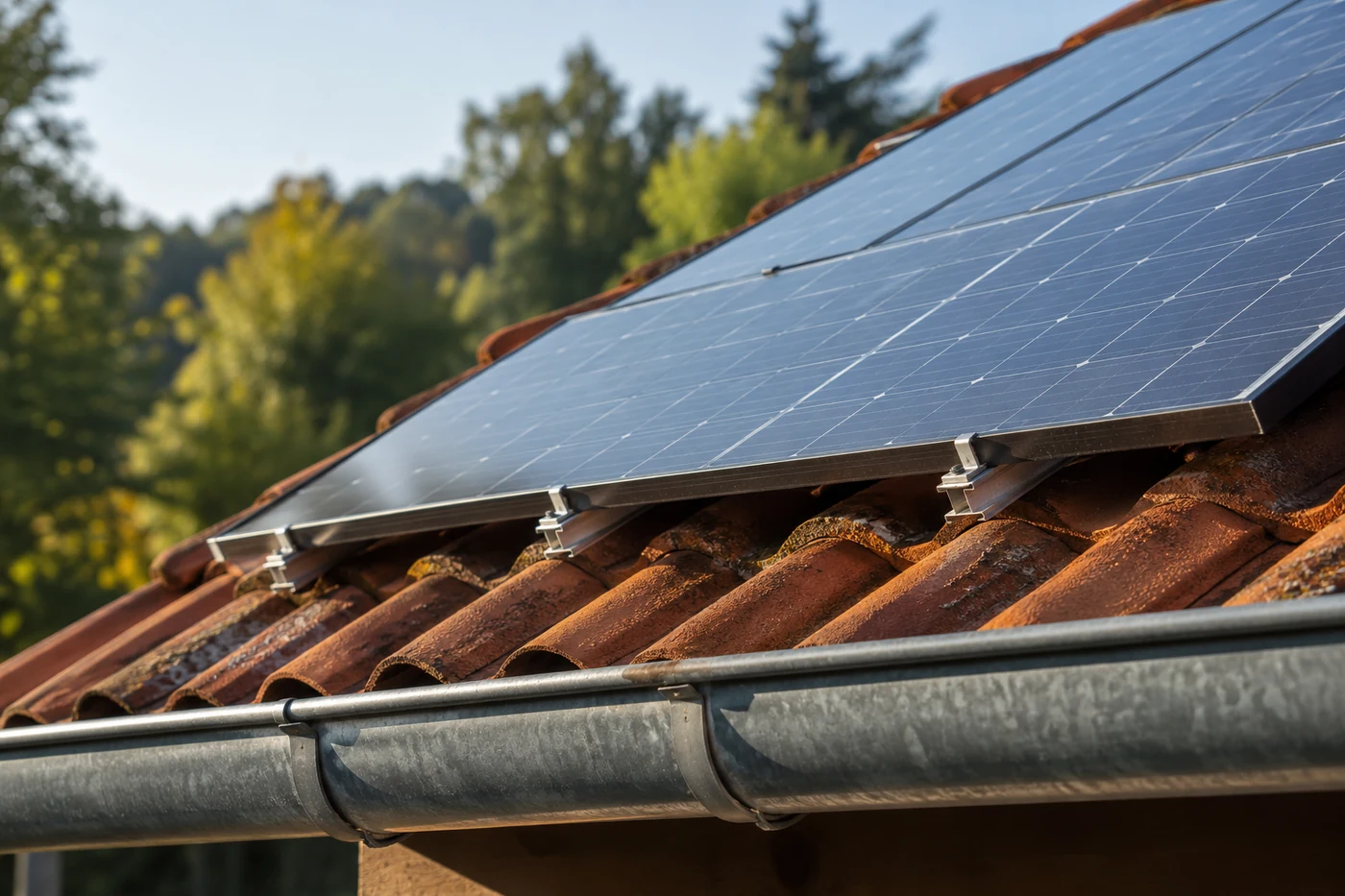 Solarmodule und Halterung an einer Ziegeldachkante