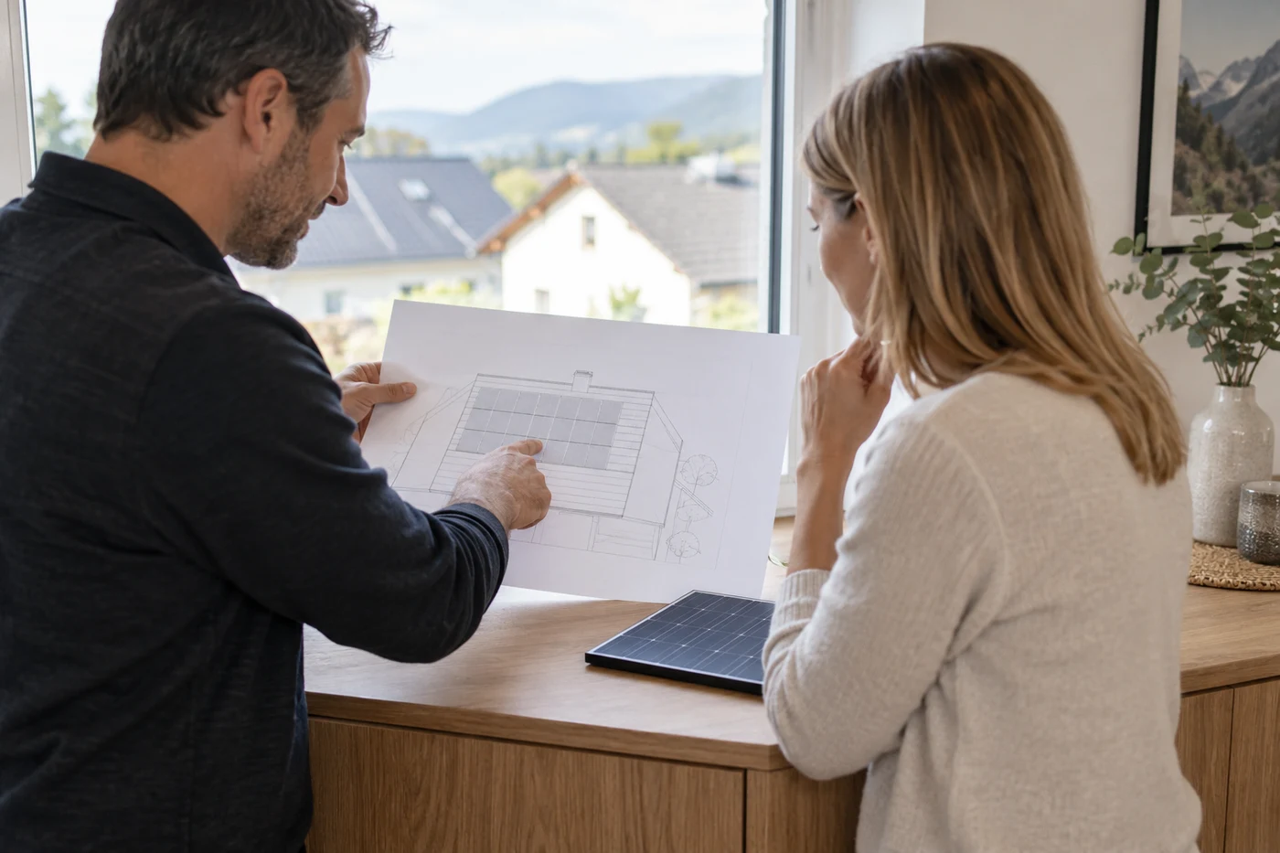 Zwei Personen betrachten einen Dachplan und ein Solarmodul-Muster
