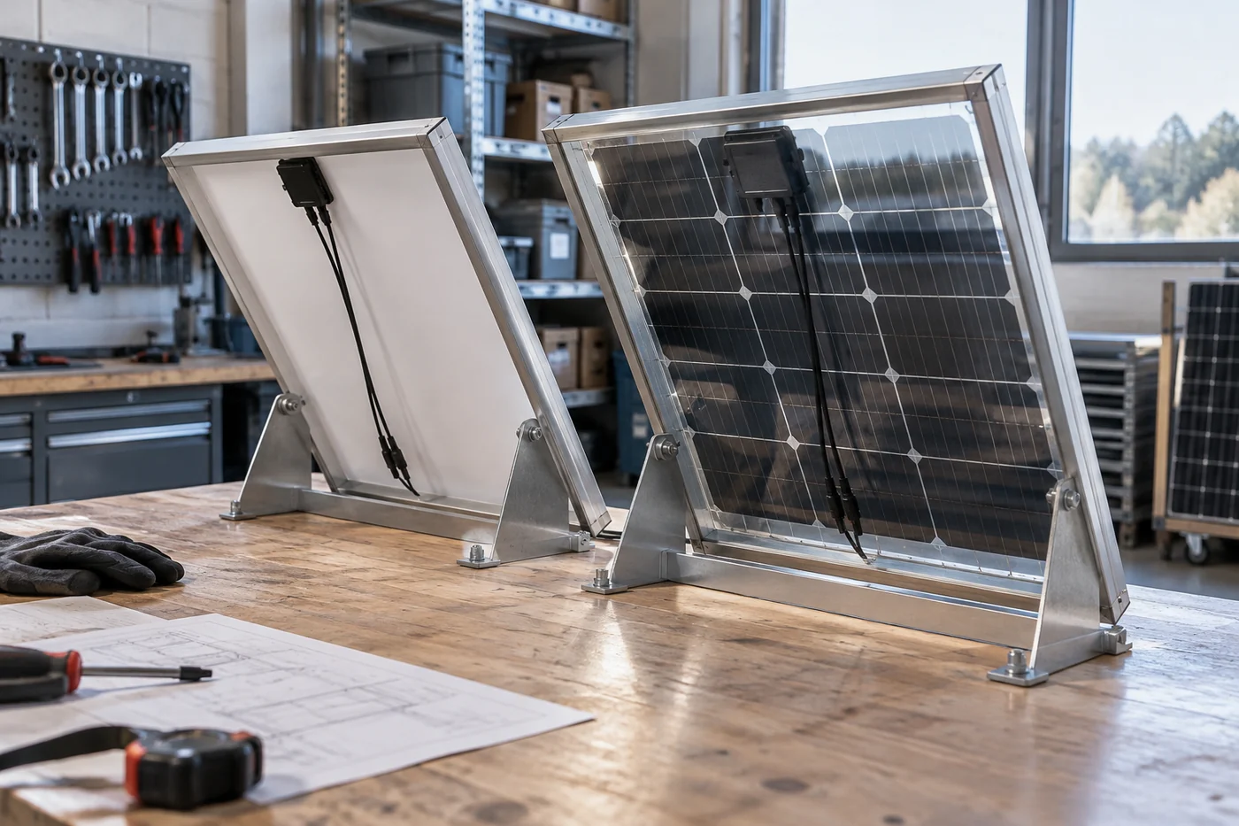 Zwei unterschiedliche Solarmodulrückseiten als Anschauungsmuster