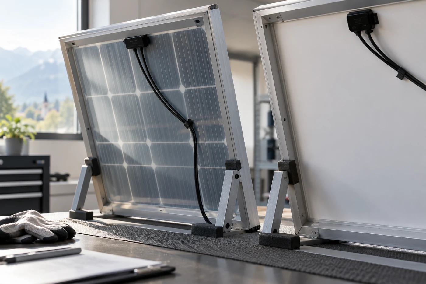 Rückseiten von Solarmodulen auf einem Prüfstand