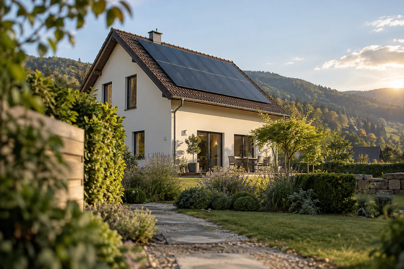 Haus mit Solardach an einem Gartenweg vor bewaldeten Hügeln