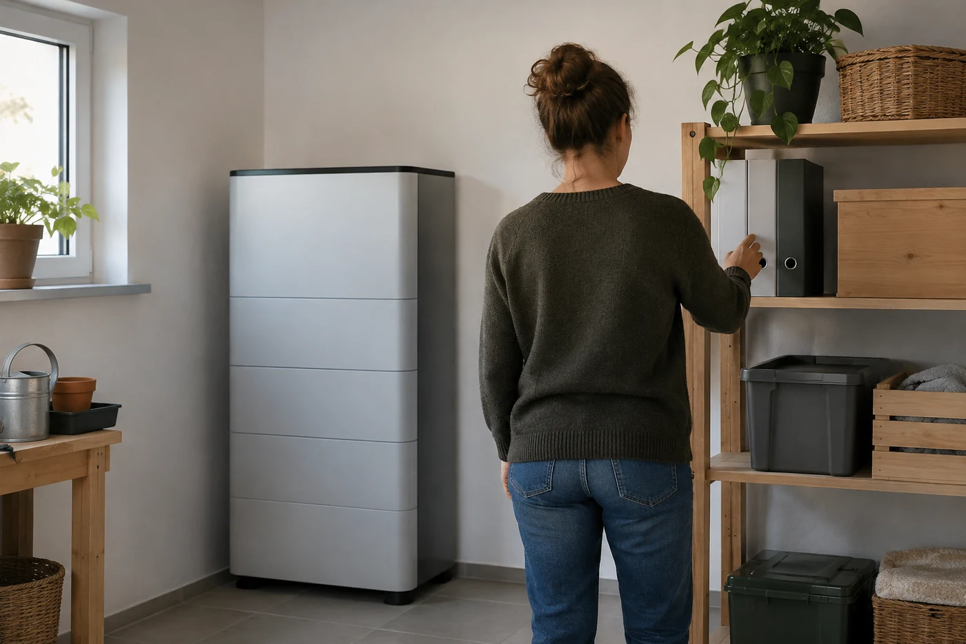 Unterlagen und ein geschlossener Batteriespeicher in einem Technikraum