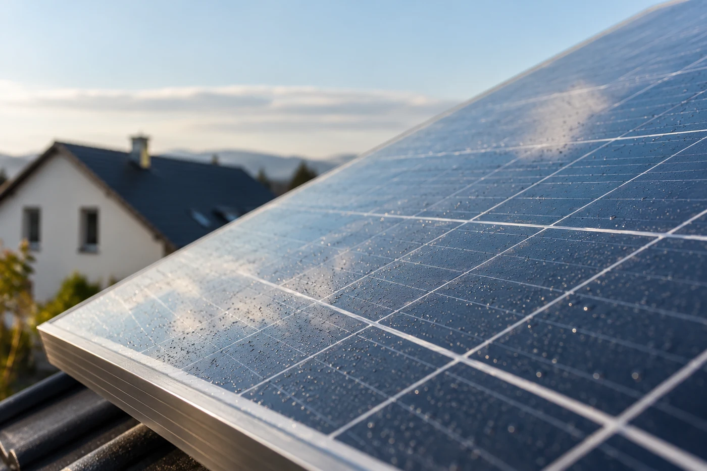 Nahansicht eines Solarmoduls vor unscharfem Hausdach