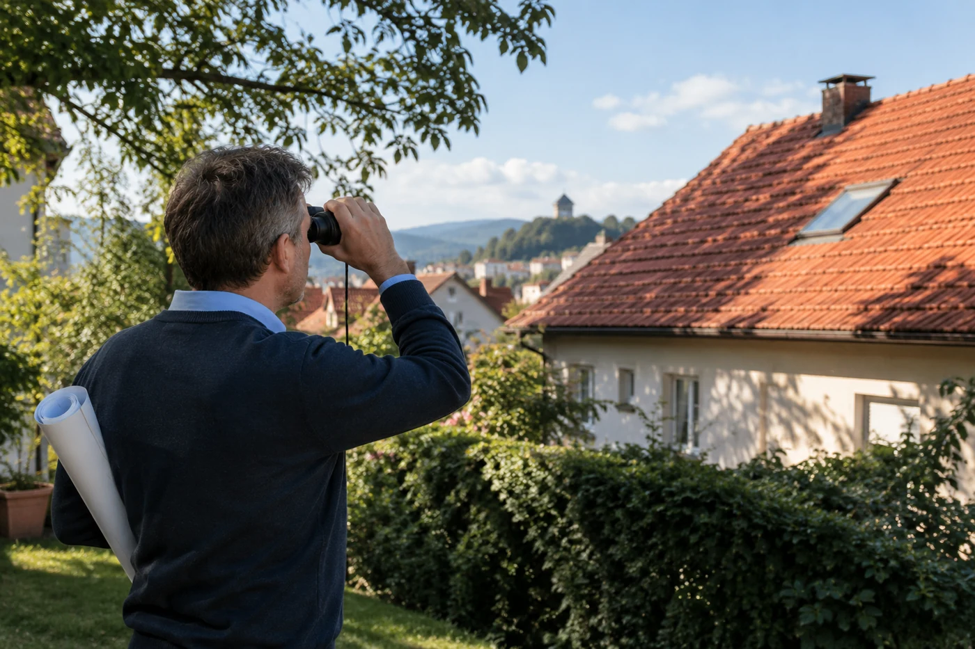 Hausbesitzer beobachtet Dach und Baumverschattung vom Garten aus