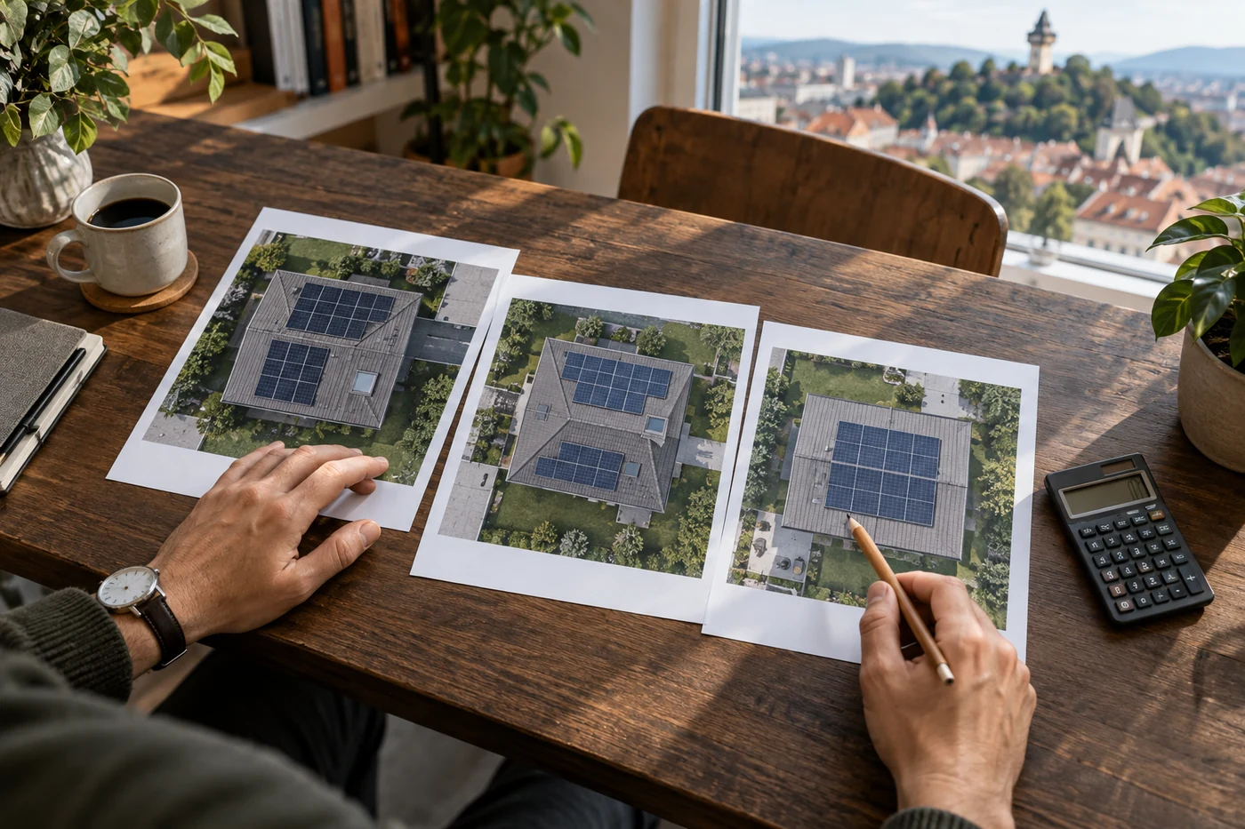 Drei Dachbilder mit Solarmodulen und Taschenrechner beim Angebotsvergleich